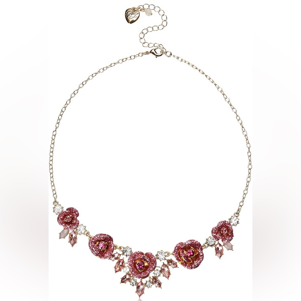 NWT! BETSEY JOHNSON Gold-Tone Glitter Rose Frontal Necklace
